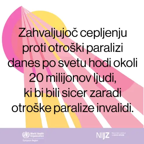 Na sliki je napisano sporočilo o cepljenju proti otroški paralizi na pisanem ozadju z žarki in soncem.